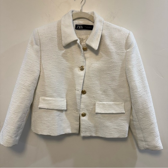 ZARA gold Button white Tweed Blazer Jacket Large - Picture 5 of 9